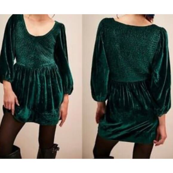 Free People Farrier A-Line Smocked Velvet Mini Dress Green Large Christmas Photo - Picture 2 of 16